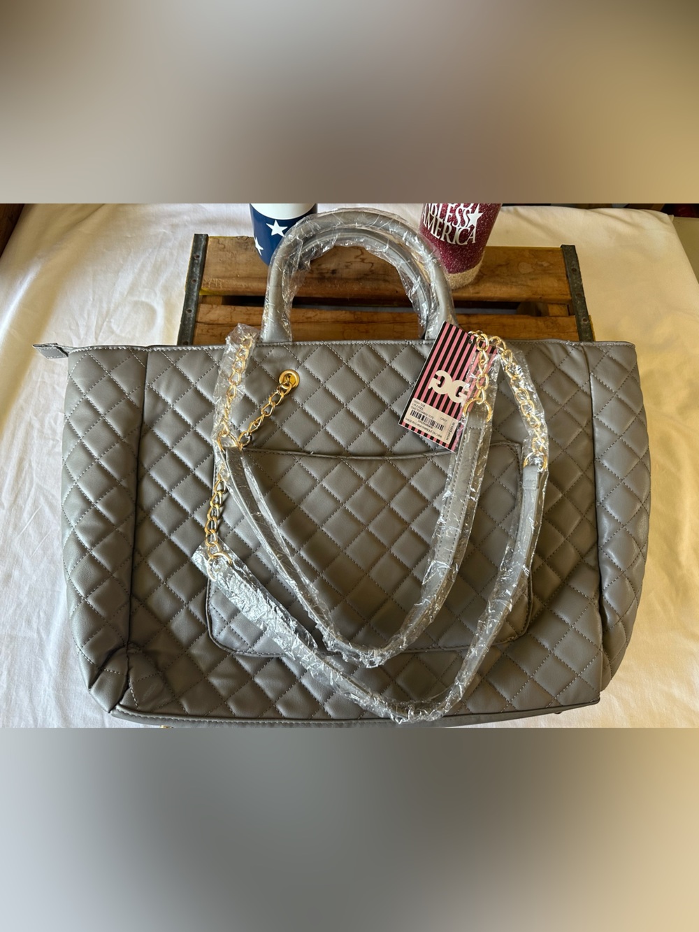 Gilda Paris Quilted Large Tote Bag Grey Stylish Carryall New with Tags - Picture 12 of 12
